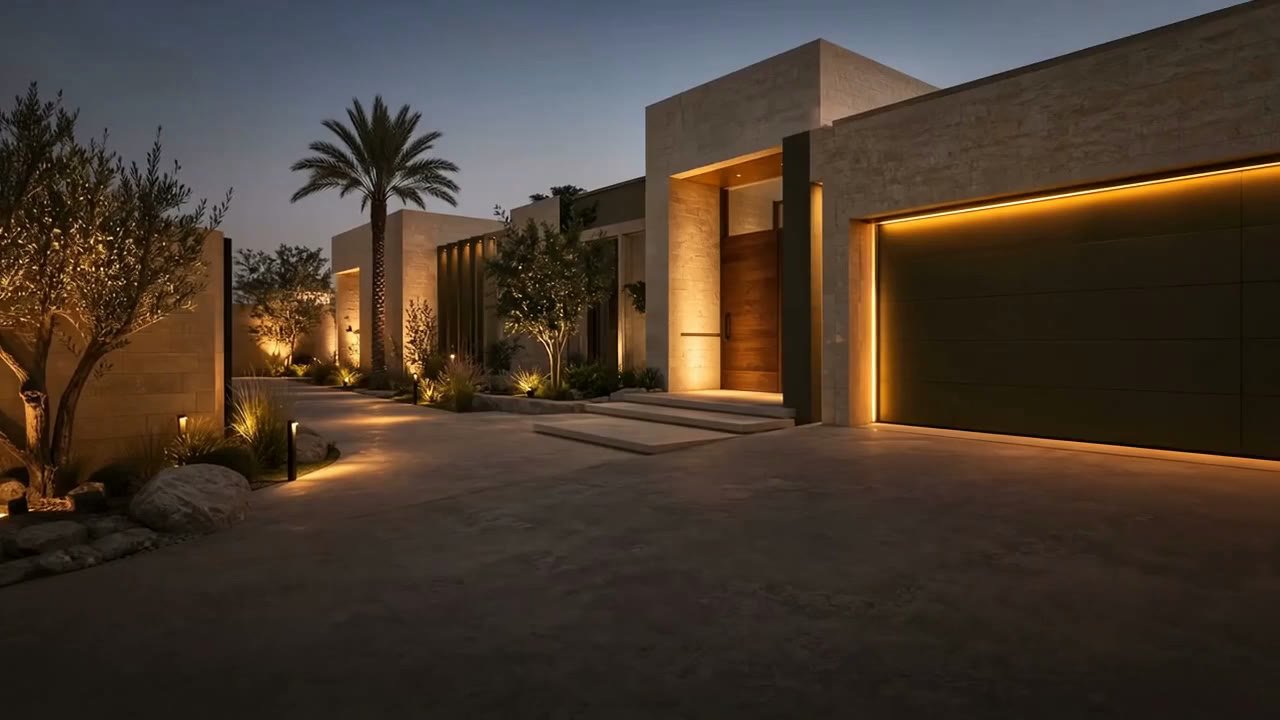 واجهة فيلا في الرياض عند الغروب، بإضاءة مسارات وكاميرا مدخل